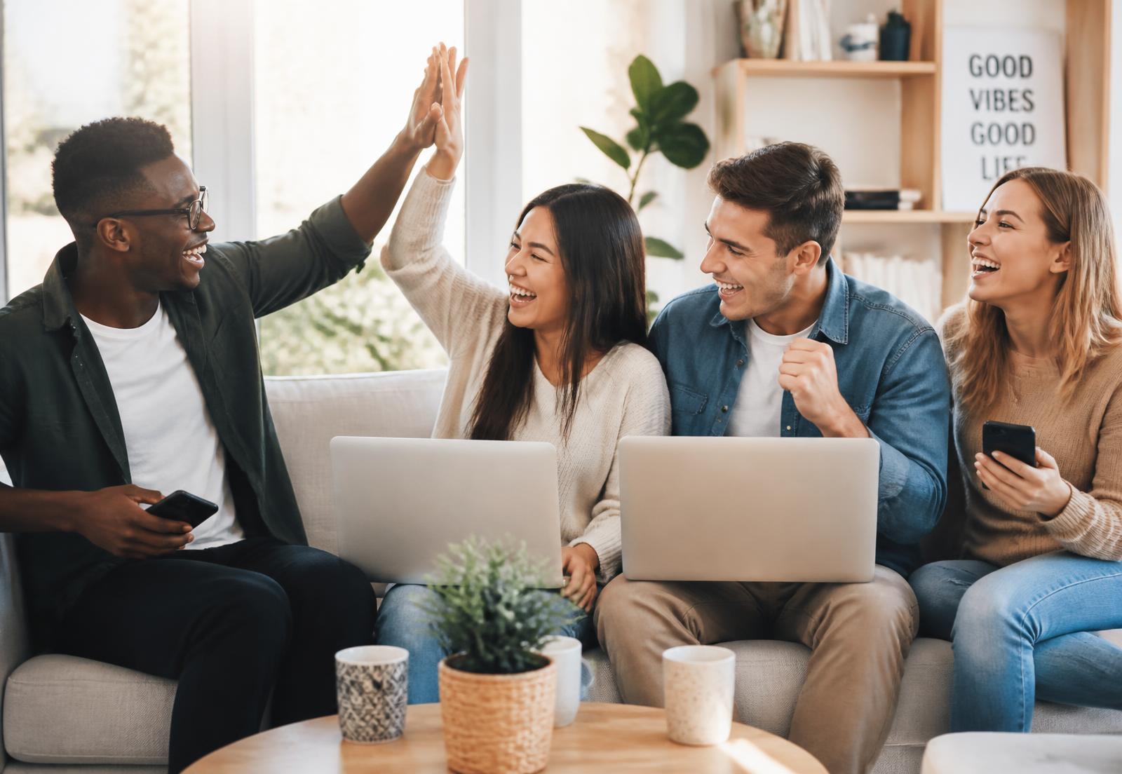 Friends celebrating together while completing paid online surveys on laptops